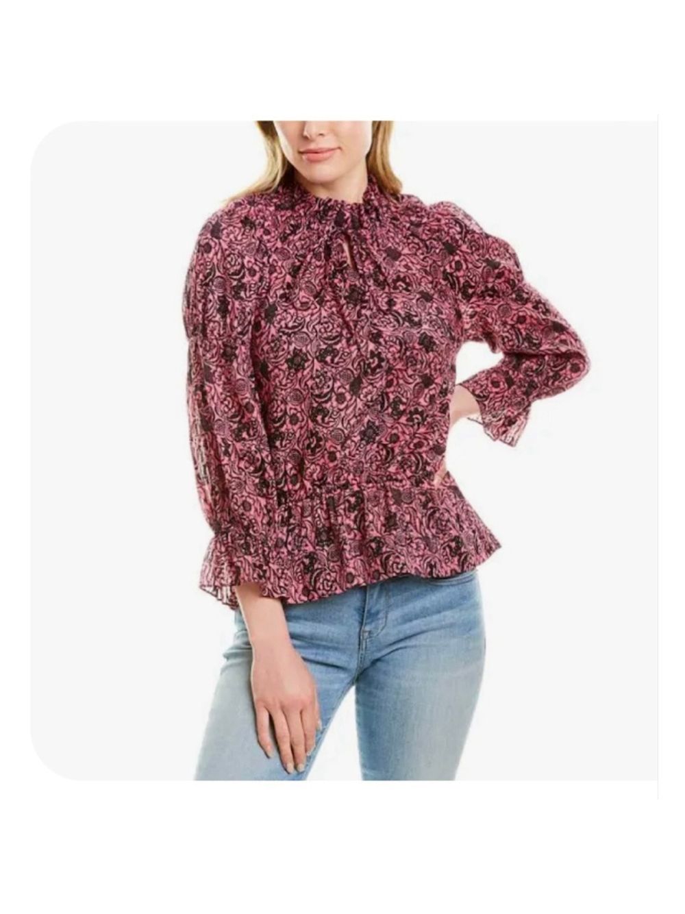 Derek Lam 10 Crosby Pink Black Floral Ruffle Blouse Women’s Size 8